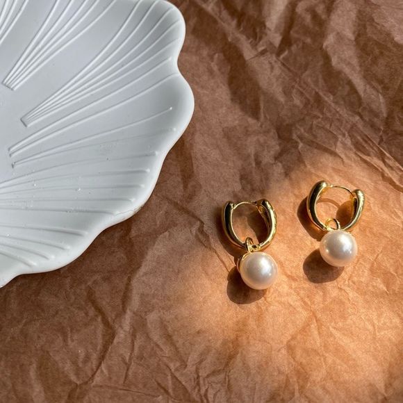 Cloulou Jewelry - 18K Gold Plated Pearl Drop Gold Hoops Huggies Earrings